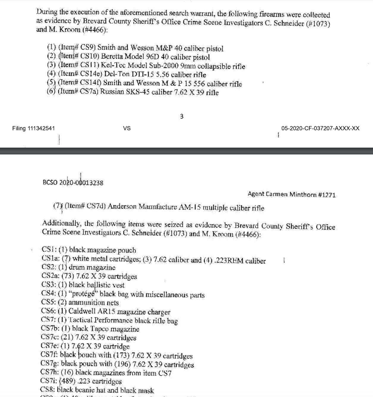 List of items seized from Thomas Kinworthy's car in Florida